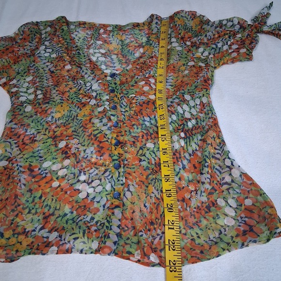 Anthropologie Odille Sheer Silk Colorful Floral Princess Seam Tie Sleeve Blouse - Picture 5 of 11
